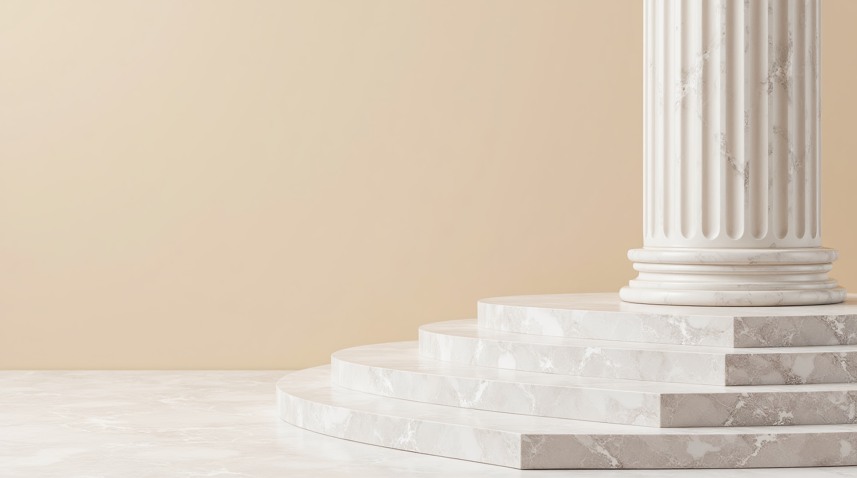 White marble column on a tiered circular marble platform, set against a soft beige background, symbolizing stability, structure, and a strong foundation.