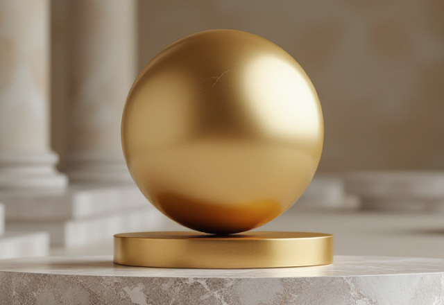 Polished golden sphere on a circular pedestal made of white marble with subtle gray veining, set in a classical architecture-inspired setting with marble columns in the background.