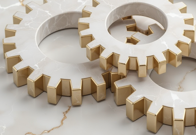Three interlocking marble gears with gold edges placed on a light marble surface, symbolizing system integration and operational efficiency.
