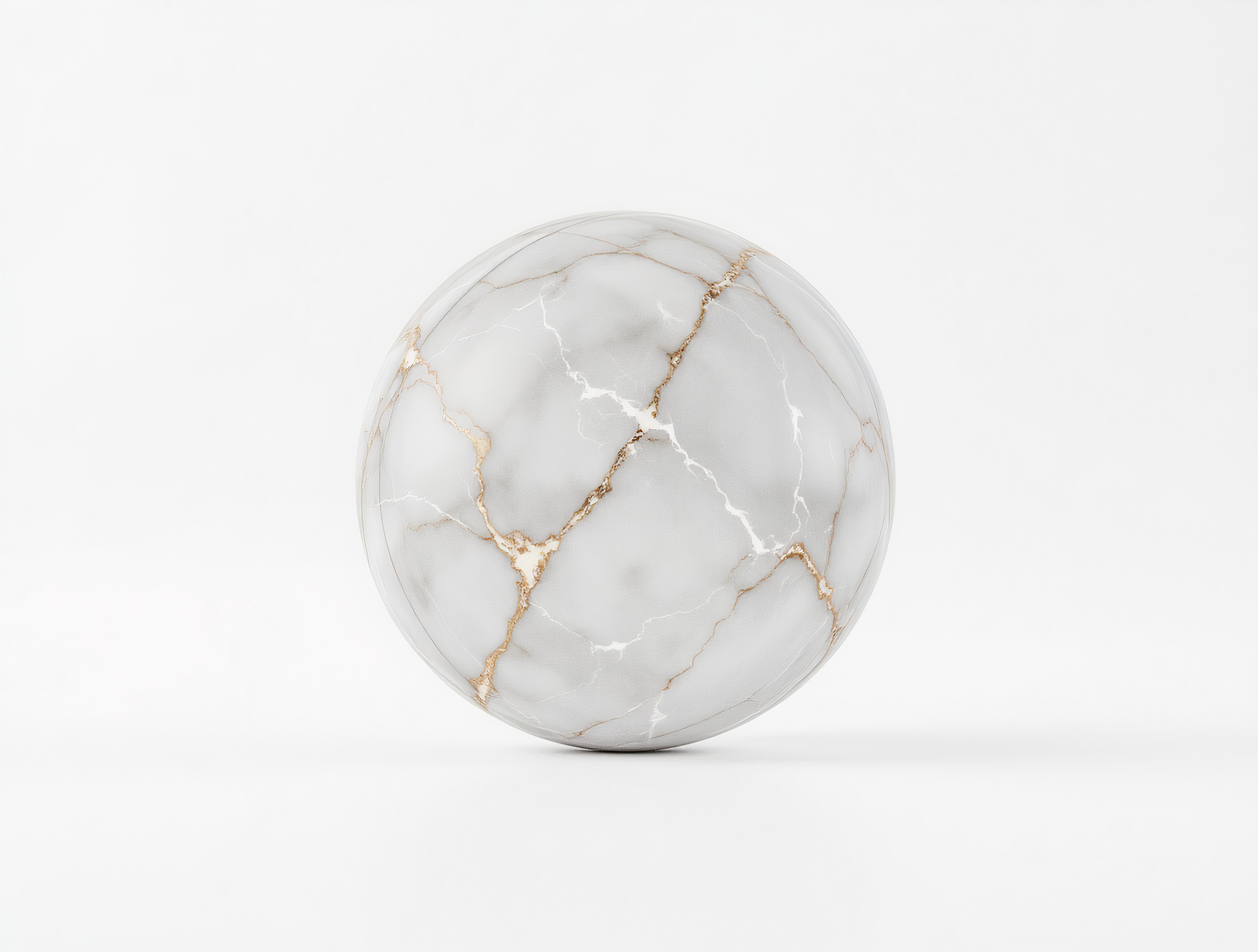 Glossy white marble sphere with gold veins placed on a white surface, evoking clarity and balance and all-in-one finance
