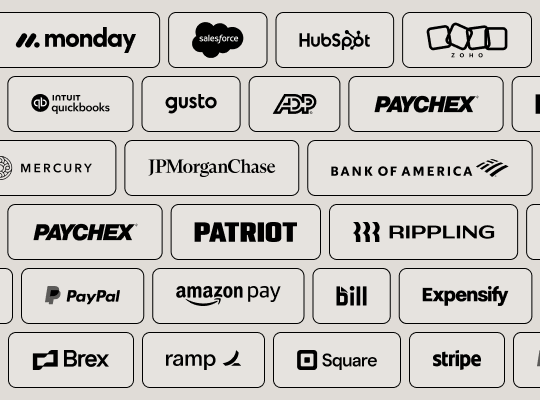 Grid of business software logos including QuickBooks, Stripe, Gusto, and Salesforce used in accounting workflows.