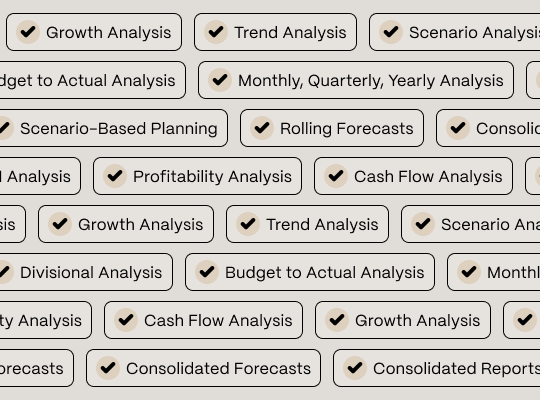 Collage of financial analysis tags including cash flow, profitability, scenario planning, and rolling forecasts.