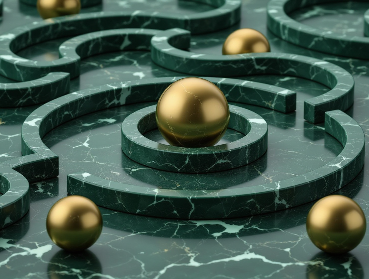 A dark green marble maze with smooth gold spheres placed throughout, blending luxury with complexity in a symbolic representation of strategy or navigation.