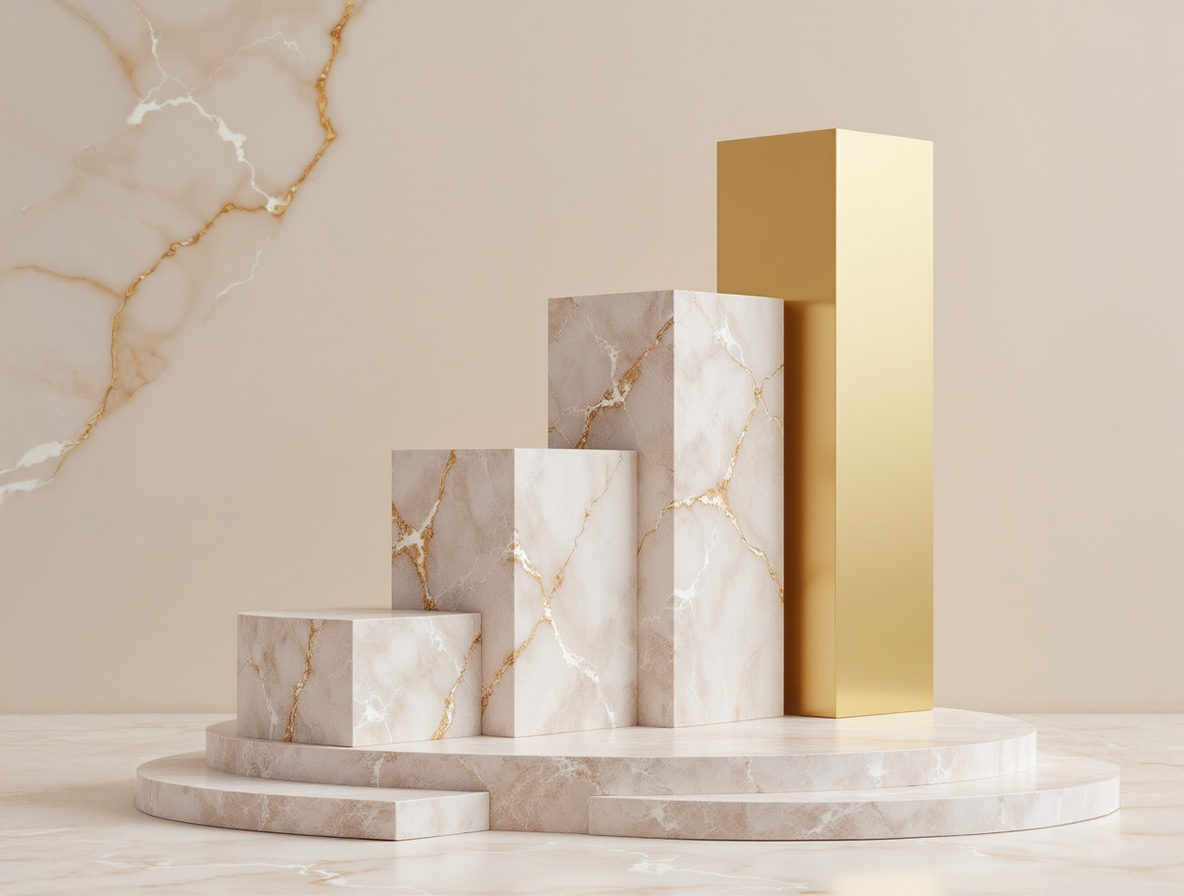 A gold and marble 3D bar chart arranged in ascending order on a circular marble pedestal, representing financial growth or data performance.