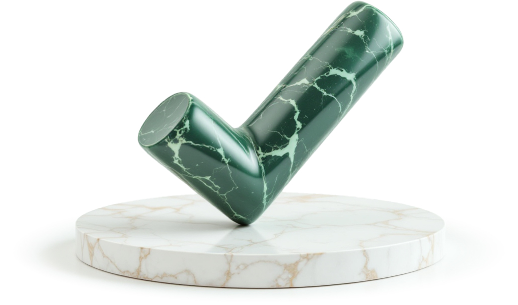 A 3D checkmark sculpted from green marble with white veins, symbolizing approval or completion, isolated on a white background.