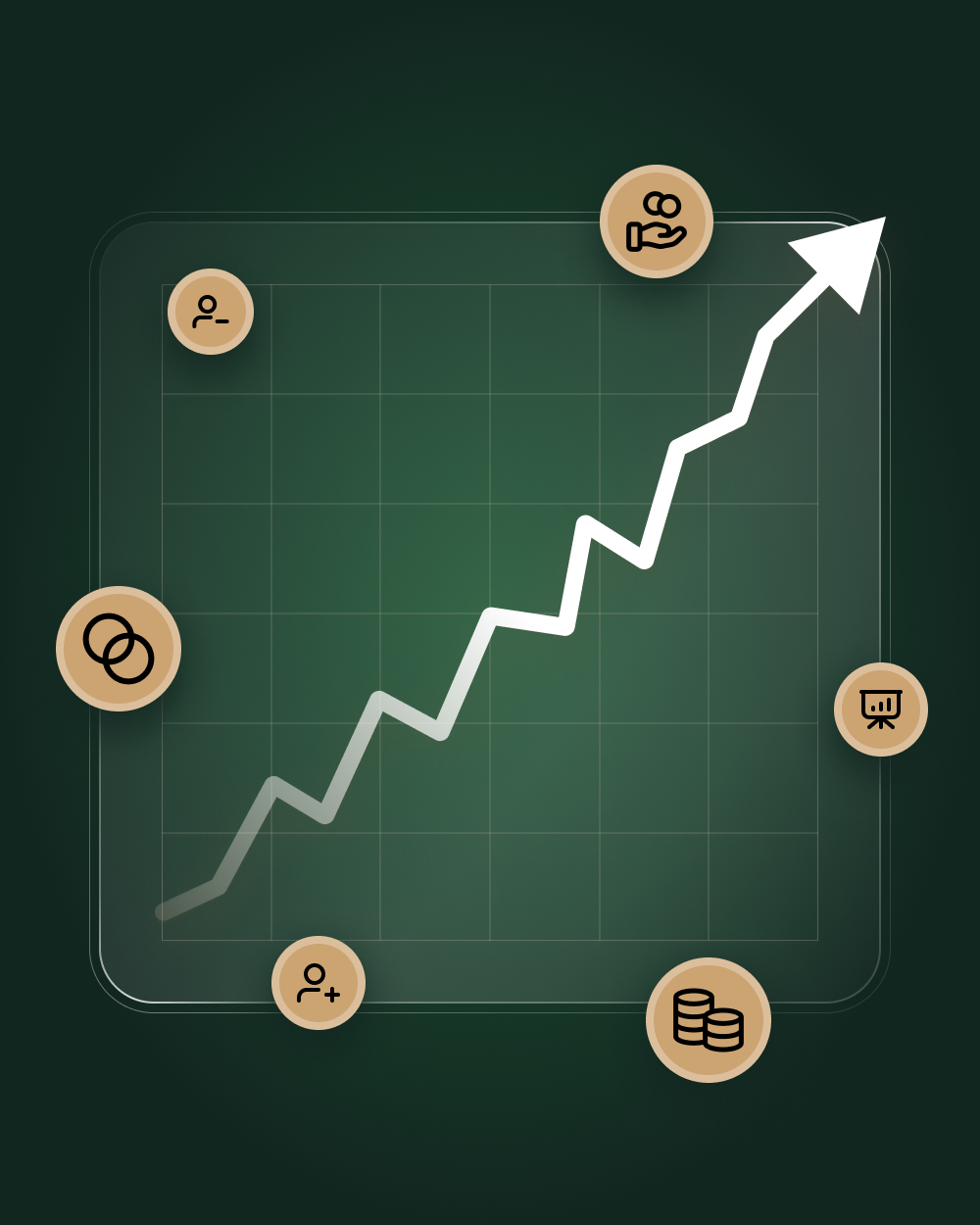 Upward-trending graph with a bold white arrow climbing across a green grid. Surrounded by beige icons representing users, money, presentation, and other business elements.