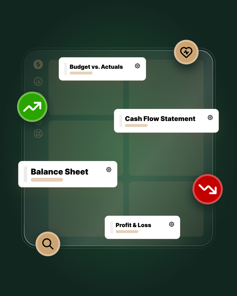 Interface showing labeled report sections—Budget vs. Actuals, Balance Sheet, Cash Flow Statement, and Profit & Loss—on a green dashboard background with growth and decline icons surrounding them.