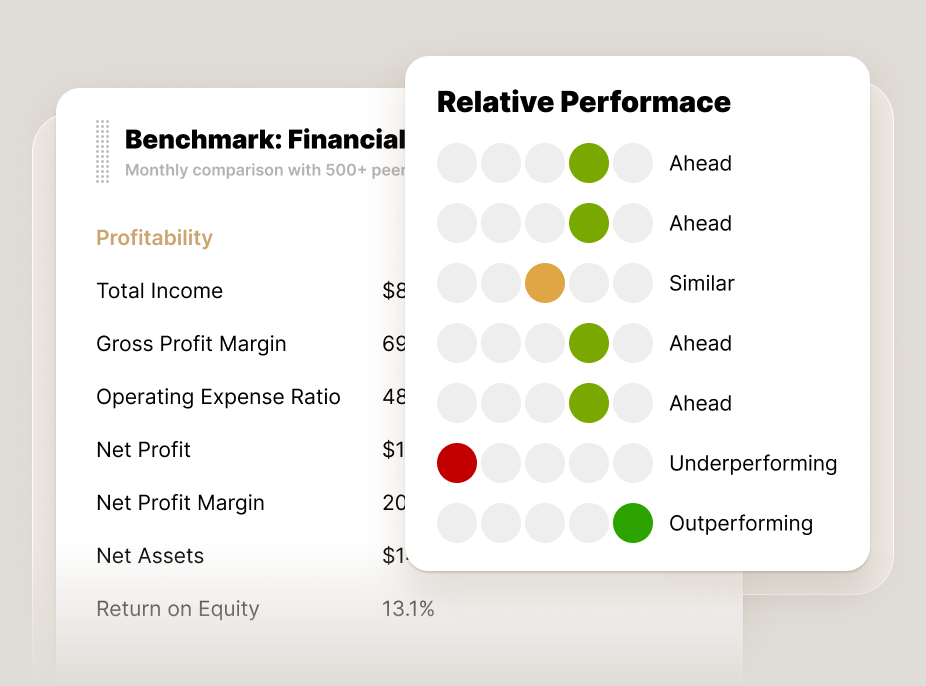 Financial benchmarking report comparing a business to 500+ peers. A relative performance panel shows colored dots indicating performance—such as "Ahead," "Similar," and "Underperforming"—across metrics like total income, net profit margin, and return on equity.