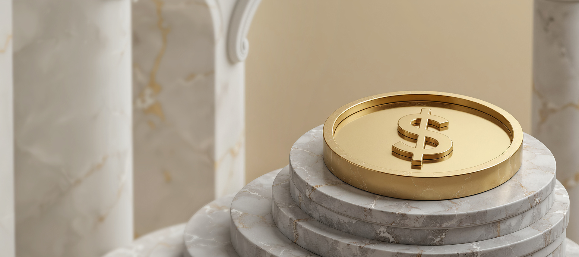 Large golden coin featuring a raised dollar sign symbol, placed on a tiered round marble pedestal with classical columns in the background, symbolizing wealth, finance, or premium bookkeeping services.