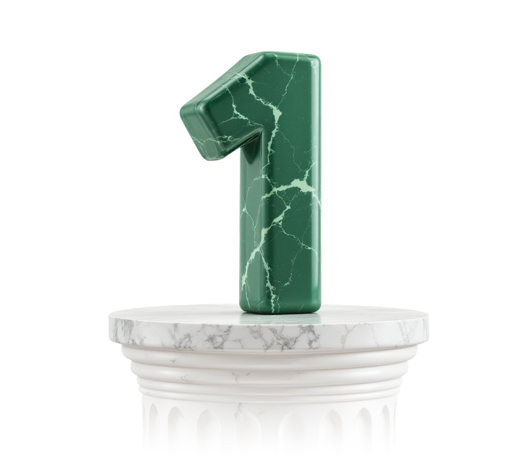 Large green marble-textured number "1" standing on a round white marble pedestal, symbolizing leadership, ranking, or priority.