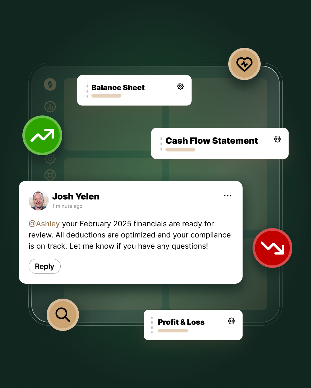 Message from Josh Yelen notifying Ashley that her February 2025 financials are ready, surrounded by floating labels for Balance Sheet, Cash Flow Statement, and Profit & Loss, along with various financial and compliance icons.