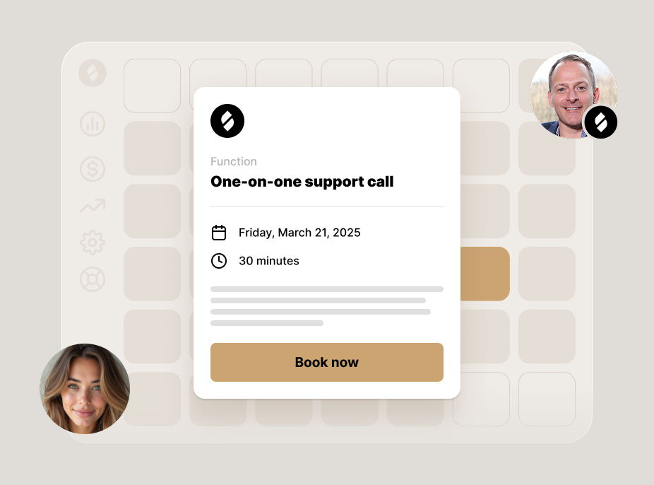 Booking interface for a one-on-one support call scheduled for Friday, March 21, 2025, lasting 30 minutes. The card displays a “Book now” button and includes profile images of two participants, set against a calendar-style background.