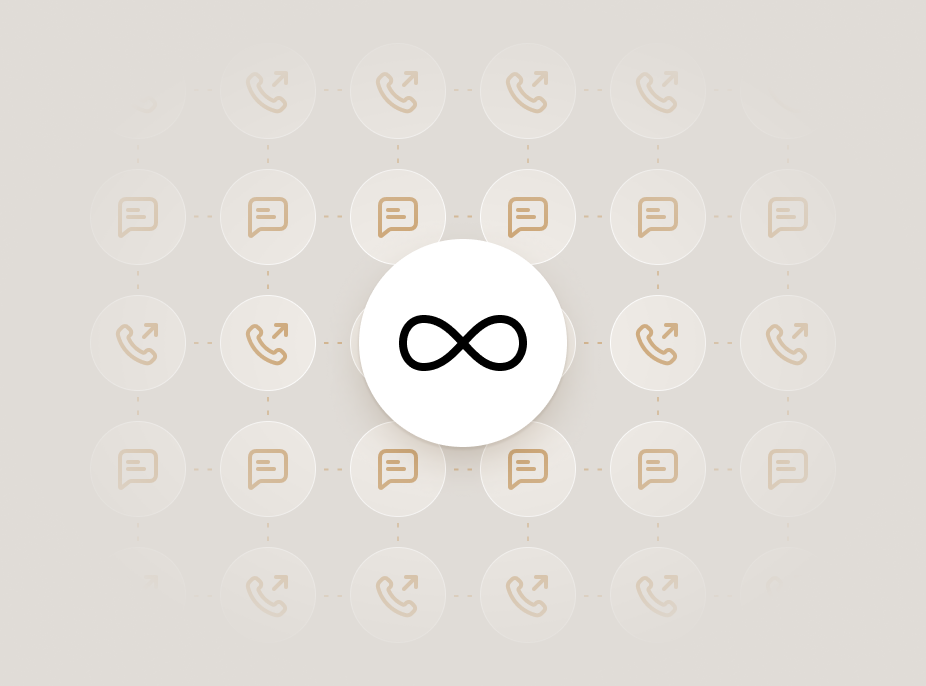 Central infinity symbol icon representing unlimited support, surrounded by a repeating pattern of phone and message icons in soft beige tones, arranged in a grid on a light background.