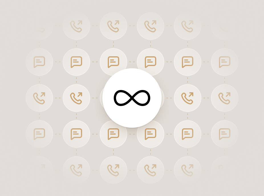 Central infinity symbol icon representing unlimited support, surrounded by a repeating pattern of phone and message icons in soft beige tones, arranged in a grid on a light background.