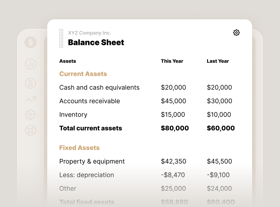 Digital balance sheet for "XYZ Company Inc." comparing asset values from this year and last year, including current assets like cash, accounts receivable, and inventory, as well as fixed assets with depreciation and other adjustments.