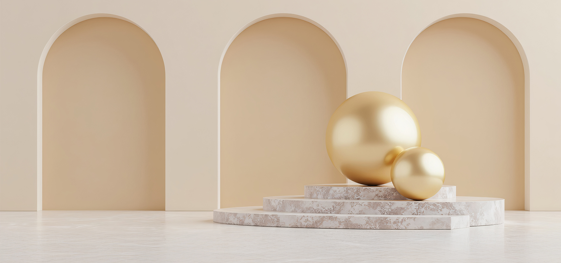 Minimalist scene featuring two golden spheres of different sizes placed on a tiered marble platform, set against a backdrop of soft beige arched alcoves and a polished floor.