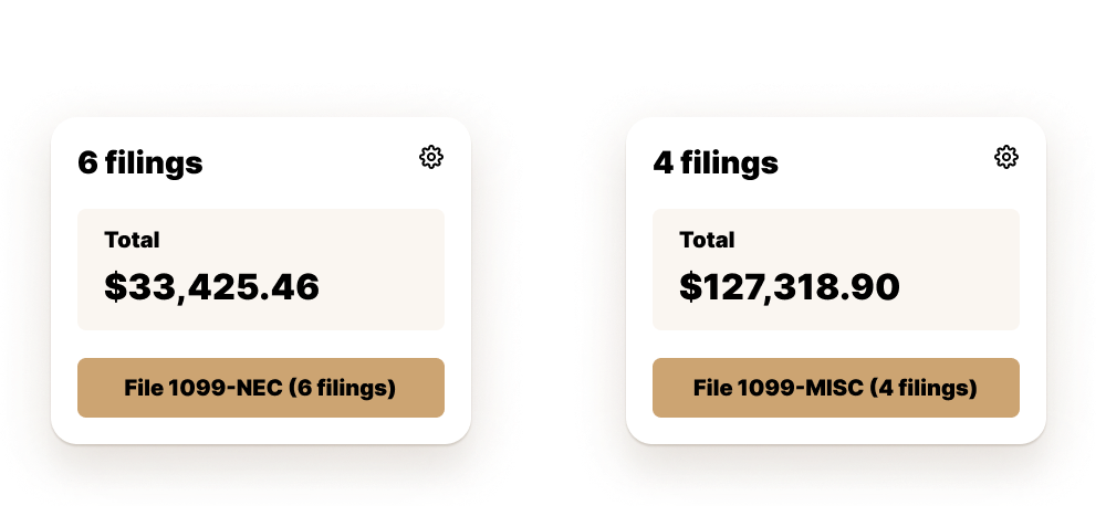 Two side-by-side dashboard cards. The left card shows 6 filings totaling $33,425.46 for 1099-NEC. The right card shows 4 filings totaling $127,318.90 for 1099-MISC. Both cards include file buttons and gear icons for settings.