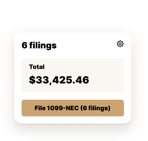 Dashboard card labeled "1099-NEC" showing 6 filings with a total amount of $33,425.46. A button below reads "File 1099-NEC (6 filings)"