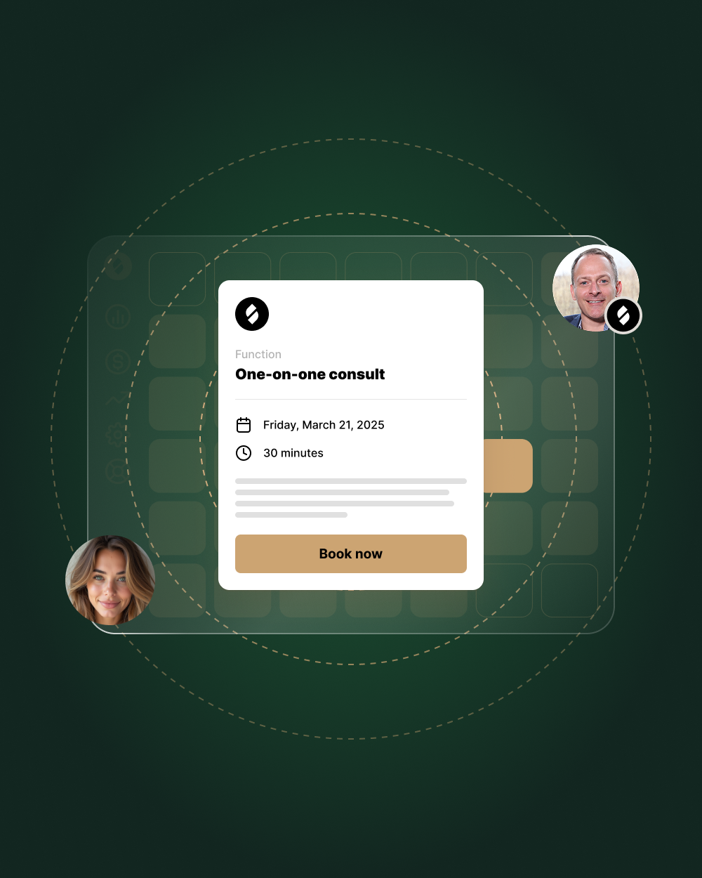 Online scheduling interface with a booking card for a "One-on-one consult" session dated Friday, March 21, 2025. The interface includes a calendar view and profile images of two individuals connected by dotted rings, all set against a dark green background.