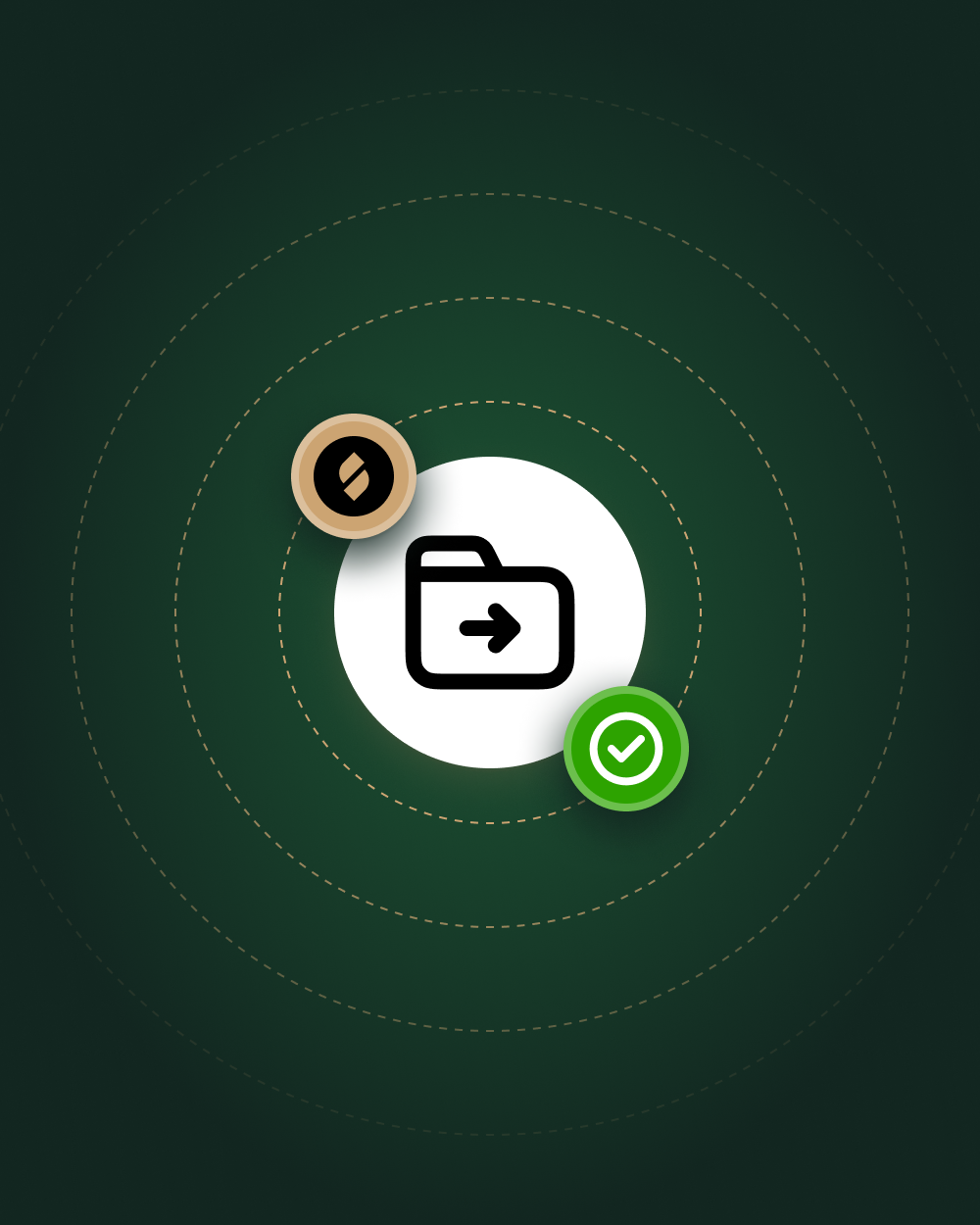 Central folder icon with an outward arrow, surrounded by a green checkmark icon and a Function logo badge, all set against a dark green radial background with concentric dotted circles.