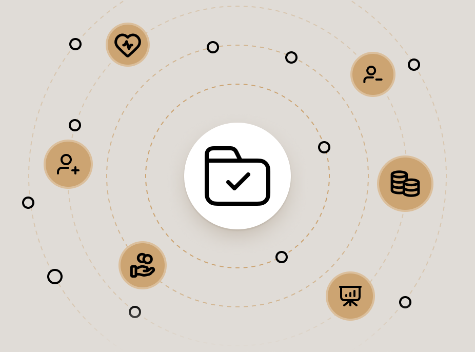 Central folder icon with a checkmark, surrounded by circular icons representing various business or tax-related categories—such as health, payroll, savings, onboarding, and reporting—arranged in orbit-like dotted rings.