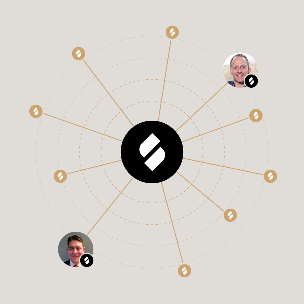 Circular network diagram with a black central Function logo connected by lines to smaller tan-colored nodes, with two outer nodes replaced by team member profile photos.