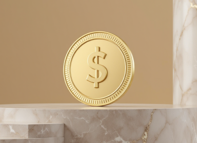 Golden coin with a single dollar sign on it resting on a marble pedestal on a beige background