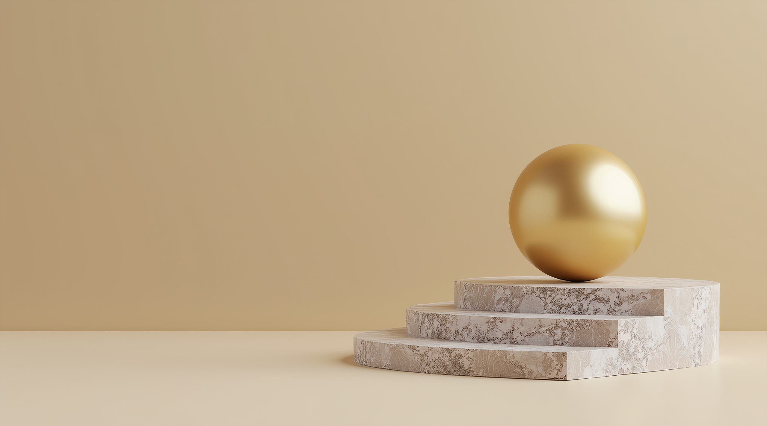 Minimalist scene with a gold metallic sphere resting on a three-tiered marble pedestal against a beige background.