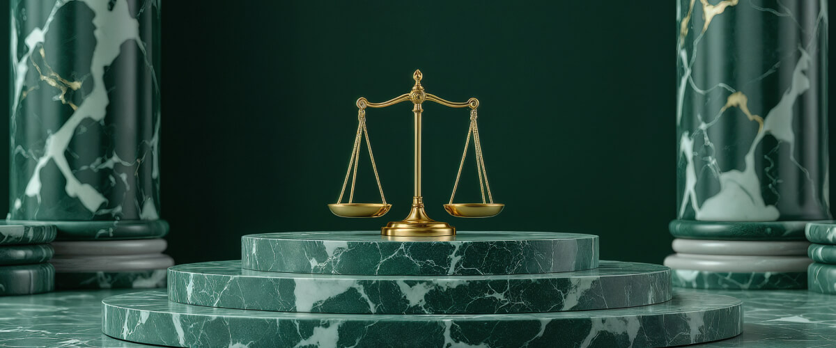 Golden balance scales on marble platform representing accounting balance and double-entry bookkeeping principles