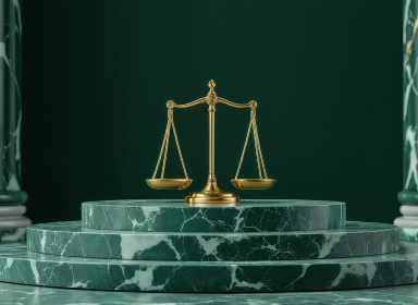 Golden balance scales on marble platform representing accounting balance and double-entry bookkeeping principles